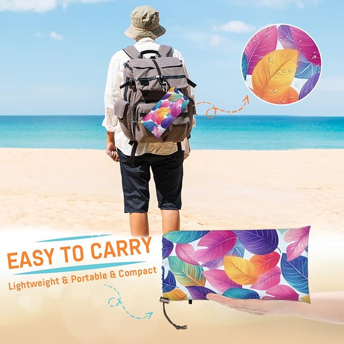 Waterproof Sandproof Beach Blanket 59''×68'' Tropical Leaves Polyester Outdoor Picnic Blanket with 4 Stakes &amp Storage Bag for BeachCampingVacation Colored
