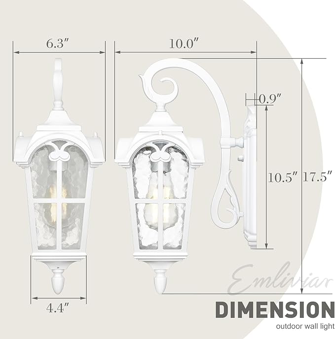 Emliviar Outdoor Wall Lights 1-Light Modern Outside Lights for House 17.5 Inch Height with Water Glass White Finish WE215B WH