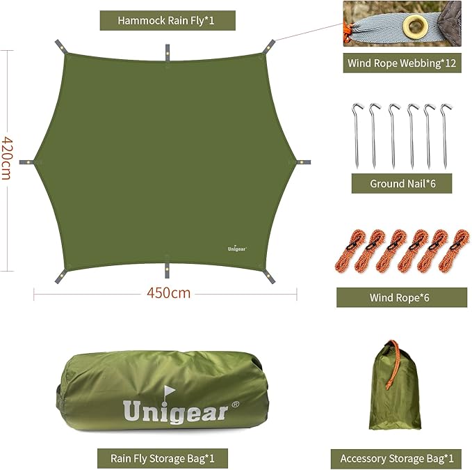 Unigear Hexagon Hammock Rain Fly15x14FT/12x10FT Multifunctional Waterproof Camping TarpLightweight and Compact Tent Tarp for Backpacking Hiking Traveling