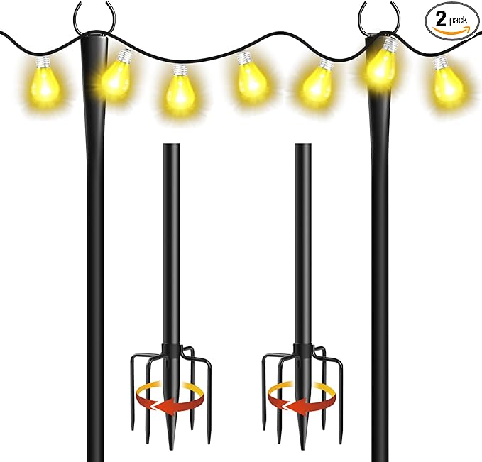 2 Pack 10Ft String Light Poles Metal Poles with Fork for Outside LightsOutdoor Metal Light Stand with Fence Brackets Hanging Lights for Garden Patio Wedding Backyard Deck Party