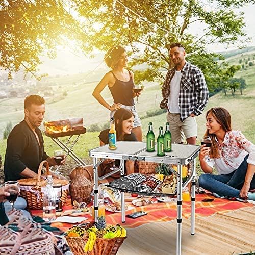 Small Folding Table 2 Foot Portable Camping Table with Mesh HoldersLightweight Aluminum Adjustable Height with Carry Handle for Camping Picnic Indoor Outdoor White 24 x 16 inch (3 Heights）