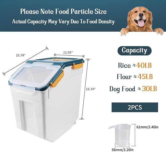 2 Pack Rice Storage Container with Measuring Cup 50 lb Flour Storage Container with Wheels BPA Free Food Storage Container Dog Cat Food Bin Set for Dry Food Sugar Cereal(Blue)