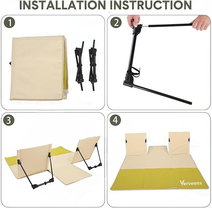 2-Person Portable Beach Lounge Chair with Carry Bag - Lightweight Outdoor Picnic Mat with Back Support for Beach Picnic Concerts Camping &amp Park (Beige and Yellow)