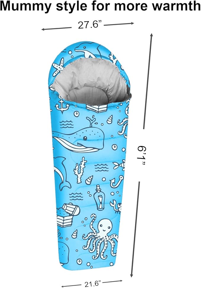 KidzAdventure Mummy Style 32 – 59F Kids Sleeping Bag with Pillow Sleeve 4 Season Lightweight and Backpacking Style Ideal for Camping Sleepover Boys Girls Youth and Toddlers