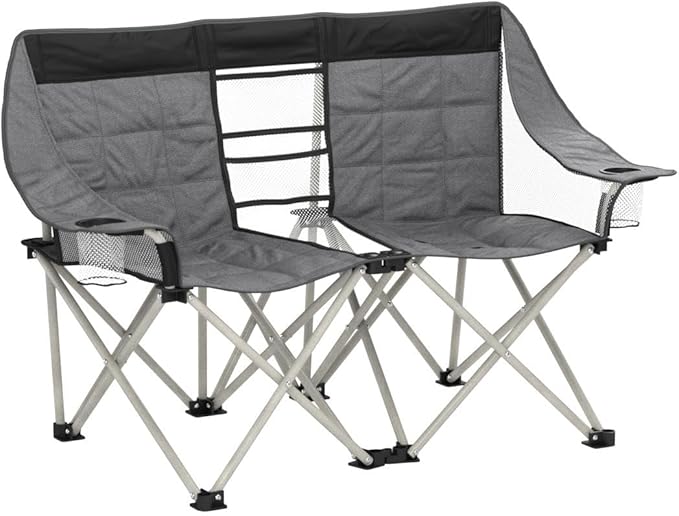 EasyGo Product Camping Chair - Double Love Seat Heavy Duty Oversized - Folds Easily and is Padded Black Grey
