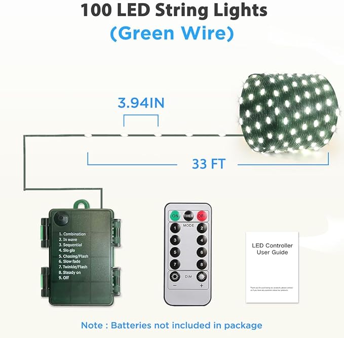 33ft Battery Operated String Lights (2 Pack) 100 LED Fairy String Lights Battery Powered w/Remote &amp Timer for Indoor Outdoor Christmas Trees Wreath Decoration Bedroom Patio - Cool White