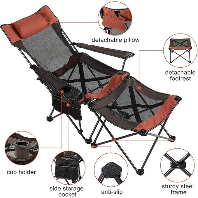 2 in 1 Camping Chair with Footrest Recliner Folding Chaise Lounge Chair for Fishing Beach (Color : A Size
