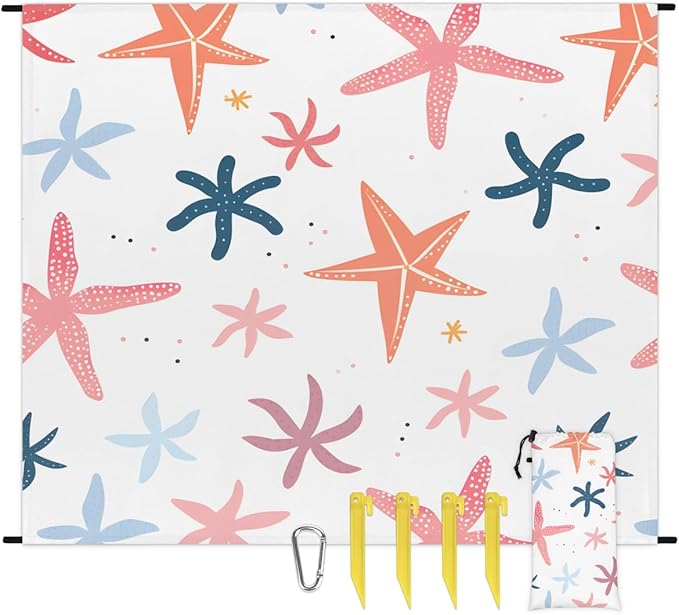 Waterproof Sandproof Beach Blanket 59''×68'' Starfish Polyester Outdoor Picnic Blanket with 4 Stakes &amp Storage Bag for BeachCampingVacation White Background