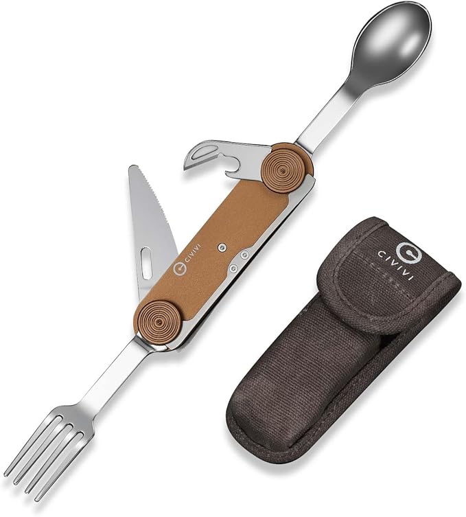 CIVIVI Partake 4-in-1 Camping Utensil Detachable Stainless Steel Folding Knife Fork Spoon &amp Bottle Opener Multi-Tool with Waxed Canvas Pouch for Travel Camping Hiking C24032C-2 Coyote Brown