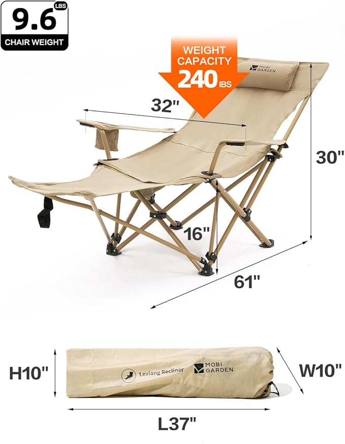 MOBI GARDEN Reclining Camping Chair with Foot Rest 4-Position Adjustable Folding Lounge Chair for Adults Portable &amp Detachable Footrest – Sand - Solid Back