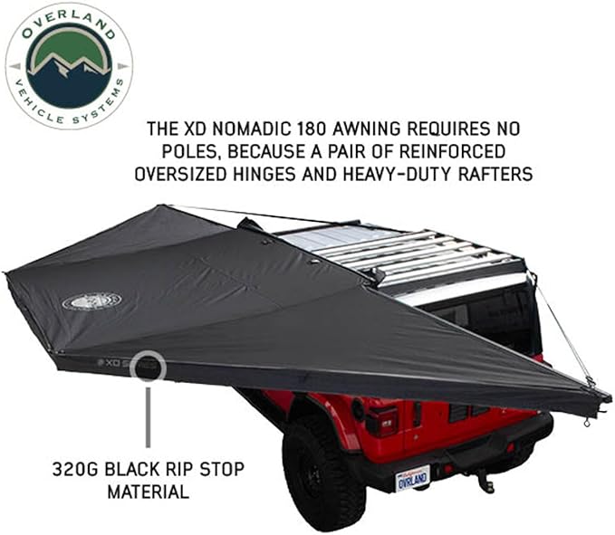 Overland Vehicle Systems 19609927 XD Nomadic 180 Degree Awning Universal with Integrated LED Lights and Black Out | 88 Sq Ft of Coverage | Black Fabric and Travel Bag Included | Weather-Resistant