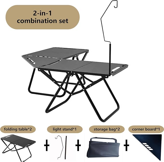 Outdoor portable folding carbon steel camping table suitable for camping barbecue picnic RV outdoor cooking travel - single or set (Black combination set inch 6.3 inch 19.7 inch 15.5)