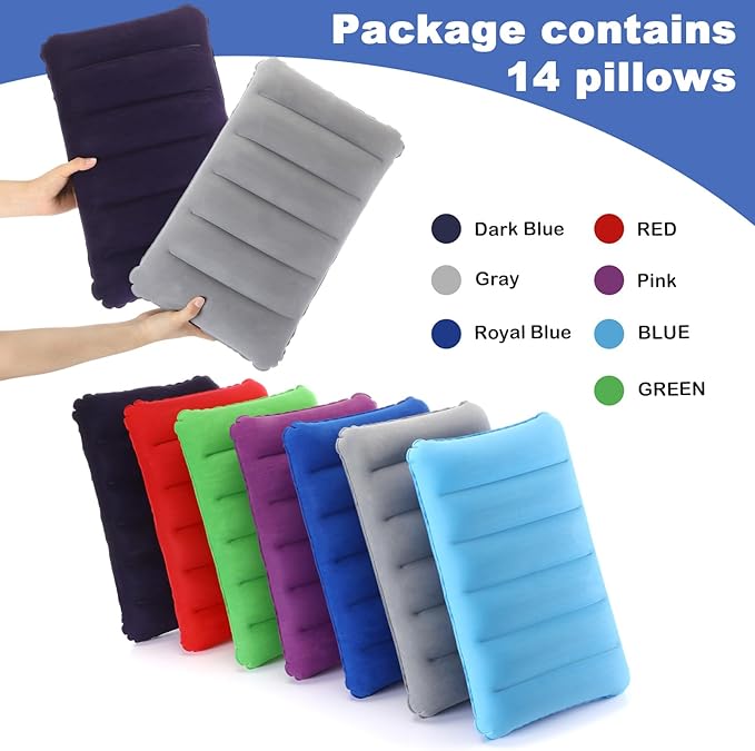 Geelin 14 Pieces Inflatable Camping Pillow 18.5 x 11.8 Inches Portable Compact Flocked Fabric Air Pillow for Travel Hiking Home Office Sleeping Neck Head Lumbar Support Multicolor