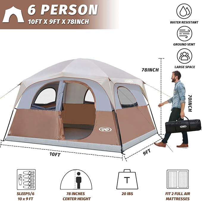 UNP Tents 6 Person Waterproof Windproof Easy SetupDouble Layer Family Camping Tent with 1 Mesh Door &amp 5 Large Mesh Windows -10'X9'X78in(H)