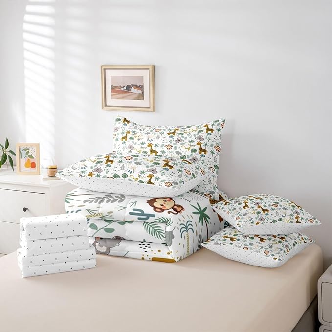 Cute Giraffe Monkey Comforter Set with SheetsPillowcases &amp Cushion Cover Zoo Animal 7 Piece Bedding Set for Kids Boys Girls Teens Room Decor Cartoon Animal Bed in a Bag Full Size Wildlife Microfi