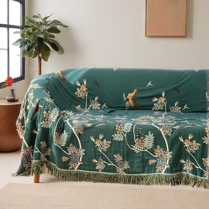 ITFRO Boho Throw Blanket 100% Cotton 4 Layer Muslin Blanket Twin Size 60x80 Lightweight Breathable Rustic Bed Throw Floral Bird Farmhouse Decor for Sofa Couch (Boho Green 60x80)