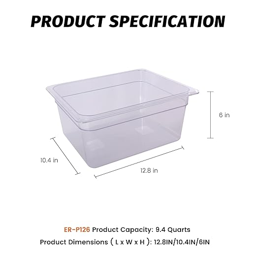 6-Pack 6-Inch Deep Clear Polycarbonate Food Pans - Half Size Commercial Hotel Pans (12.8 x 10.4) 9.4 Qt Capacity NSF Certified for Restaurants Hotels &amp Catering
