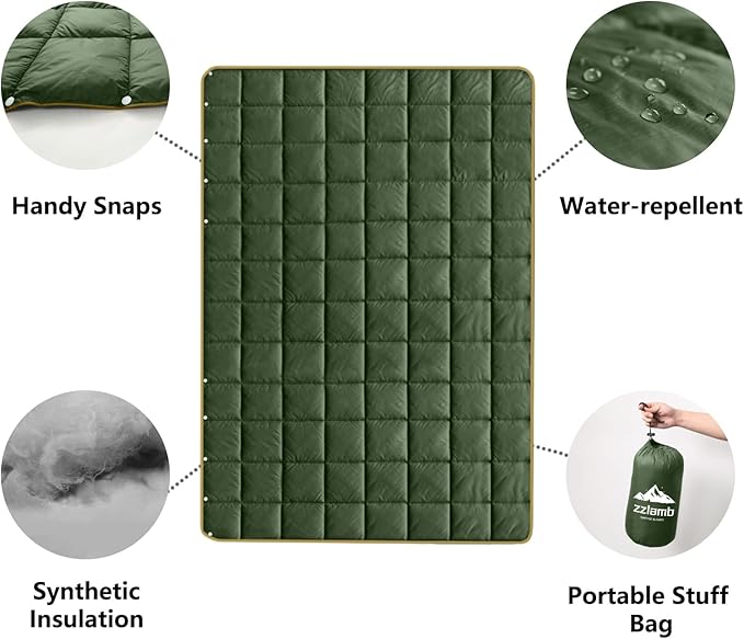 zzlamb Camping Blanket Compact Lightweight Soft Puffy Blanket Water-Repellent Packable Warm Quilt Down Alternative Picnic Hiking Backpacking Beach Travel RV Airplane Couch Car
