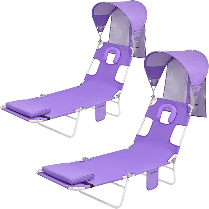 Backpack Beach Tanning Chair with Canopy Sun Shade &amp Face Hole 6 Position Folding Lounge Sun Chair for Adults Outside Reading Sunbathing Poolside Camping Lawn UPF 50+ 2 Pack Patent Design
