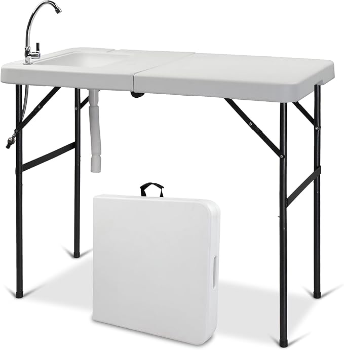 VINGLI Fold in Half Folding Fish Cleaning Table with Sink Bi-Folding Outdoor Portable Camping Game Sink TableFish Fillet Cutting Table with Drainage Hose for Patio Backyard BBQ