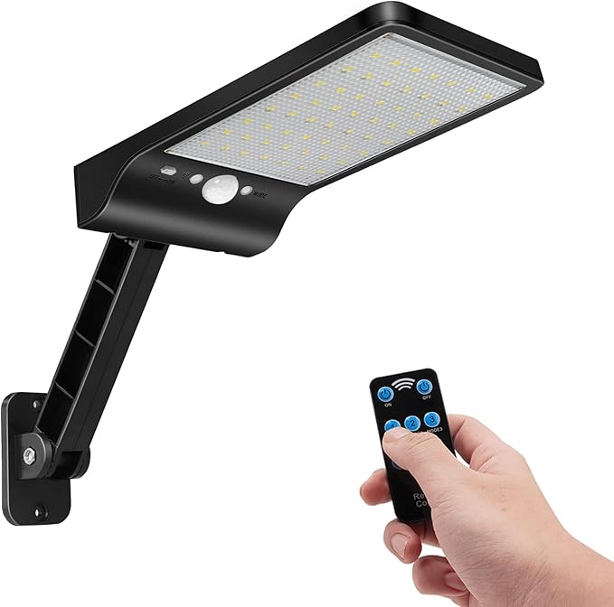 Aqonsie Solar Lights Outdoor with Remote 56LED 180° Adjustable Angle Security Night Light Outside Motion Sensor Remote Control &amp 3 Lighting Modes Solar Lights for Backyard Gutter Courtyard Deck H