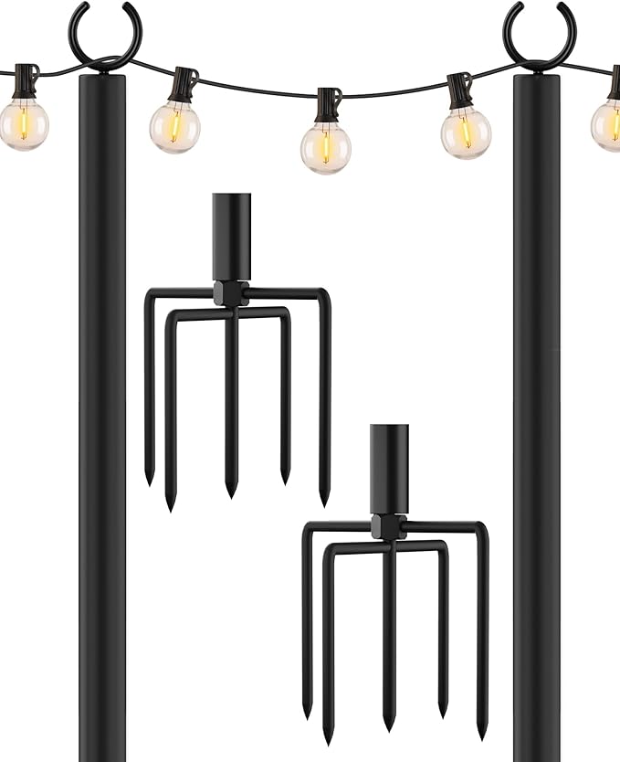LAND·VOI Metal String Light Poles for Outside Hanging - Backyard Garden Patio 2 Pack Lighting Stand with Adjustable Height for Outdoor Parties Wedding Extra-Long 5-Prong Claws (10FT) FLP02B