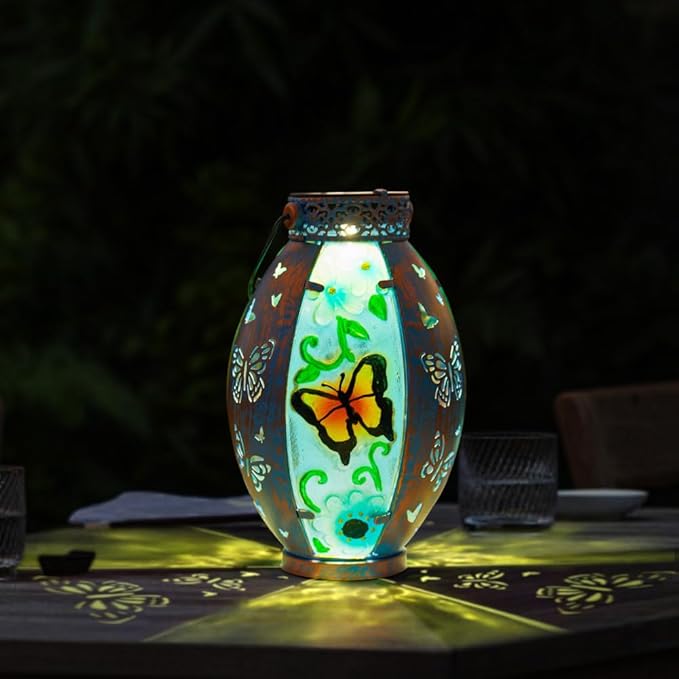 Butterfly Hanging Solar Lantern Outdoor Garden Decor Butterfly Lantern Memorial Gardening Gifts for Mom Grandma Solar Lights for Outside Waterproof Table Decor