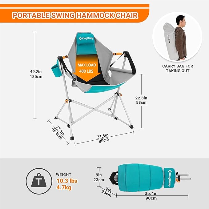 KingCamp Hammock Camping Chair Swinging Portable Folding Camp Chairs for Adults Max 400lbs Heavy Duty Foldable Oversized Rocker with Aluminum Alloy Frame Cup Holder for Outdoor Beach Patio Sport