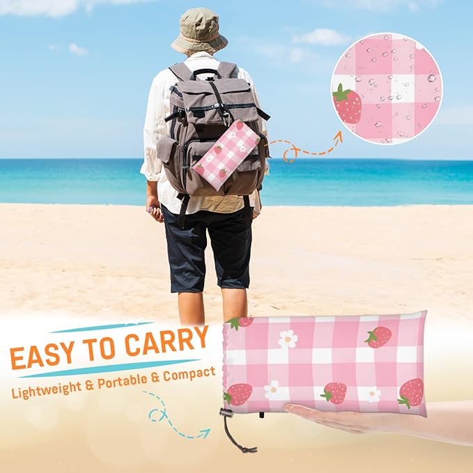 Waterproof Sandproof Beach Blanket 59''×68'' Pink Check Pattern Polyester Outdoor Picnic Blanket with 4 Stakes &amp Storage Bag for BeachCampingVacation