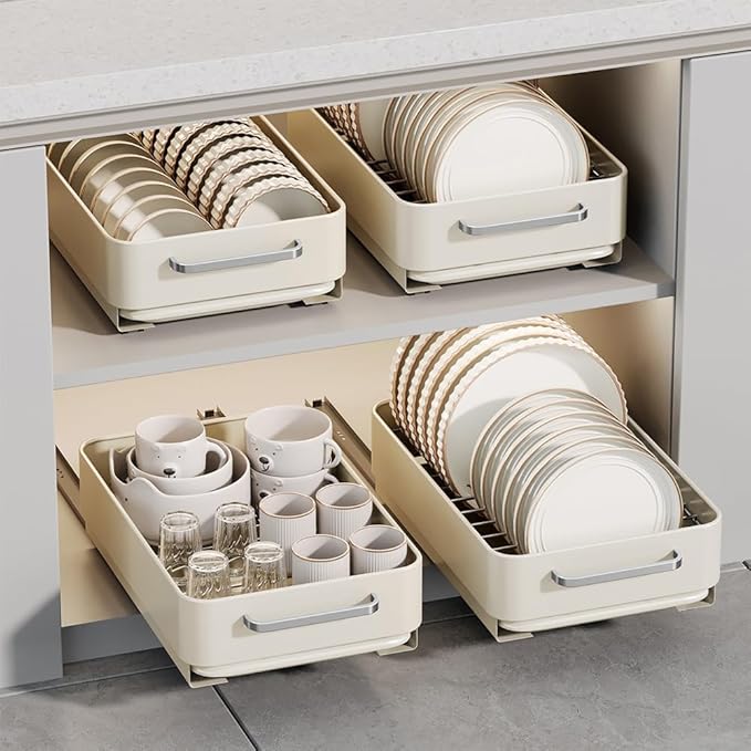 TrailBlaze Under Basin Slide-Out Dish Drying Rack (Matte White Flat Mesh): Heavy-Duty Carbon Steel with Drip Tray – Space-Saving Kitchen Cabinet Organizer for Plates/Bowls