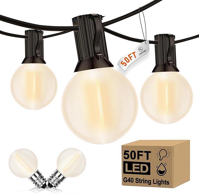 50FT LED Outdoor String Lights with 52 (2 Spare) Frosted Patio Shatterproof BulbsCommercial Grade Waterproof Patio LightsDecorative for Garden Christmas PatioBackyard Balcony