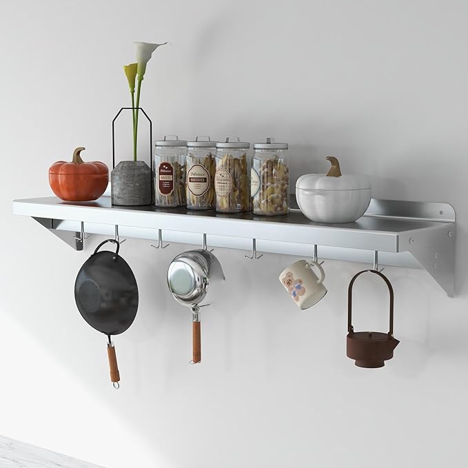 Stainless Steel Wall Shelf with Hooks - 12 x 48 Kitchen Storage Rack with Backsplash Metal Mount Organizer for Pots Pans Cookware for Home and Commercial Use NSF Certified