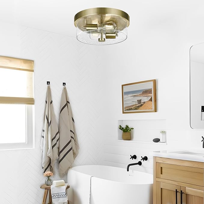 Flush Mount Ceiling Light Fixtures 2-Light Brass Ceiling Mount for Farmhouse with Seeded Glass Lampshade Industrial Hall Flush Mount Light Fixture for Hallway Kitchen Entryway Bedroom and Foyer