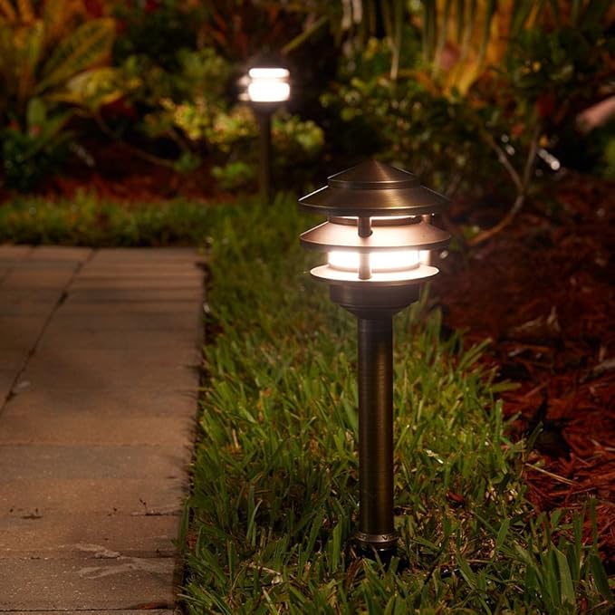 VOLT 12V 3-Tier Brass Pagoda Path Light (Bronze) for Low Voltage Landscape Lighting on Outdoor Pathway Walkway Garden Driveway or Patio