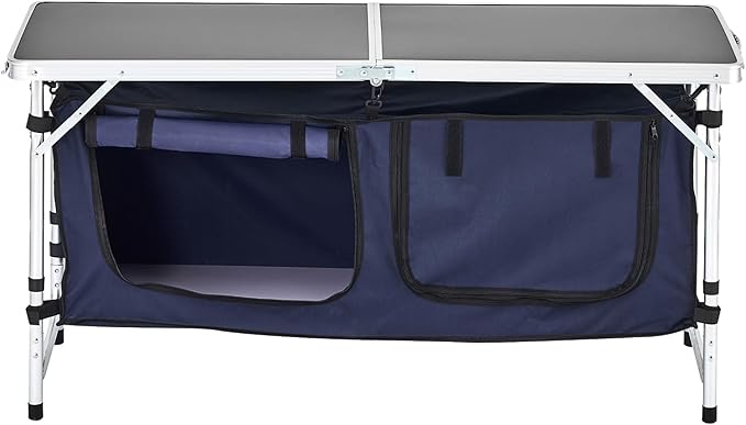 VEVOR Camping Kitchen Table Folding Outdoor Cooking Table 3 Adjustable Height Aluminum Lightweight Portable Cook Station with Storage Organizer Carry Handle for BBQ Party Picnic RV Travel Blue
