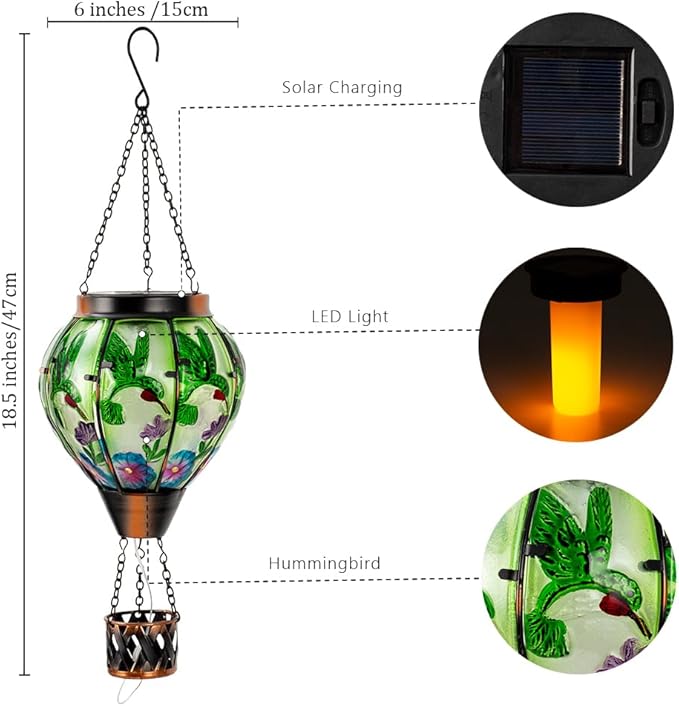 Starsoul Hummingbird Hot Air Balloon Solar Lantern with Candle Holder Glass Outdoor Solar Hot Air Balloon Flickering Flame for Lawn Porch Yard Decorations Gifts for Women Mom Grandma