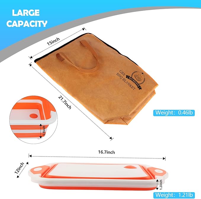 Collapsible BBQ Prep Tub &amp BBQ Resting Bag - Multi-Function Foldable Cutting Board BPA Free Portable Silicone Dish Bowl Leak Free Drain Hole for Meal Prep Marinating Food Storage(Orange)