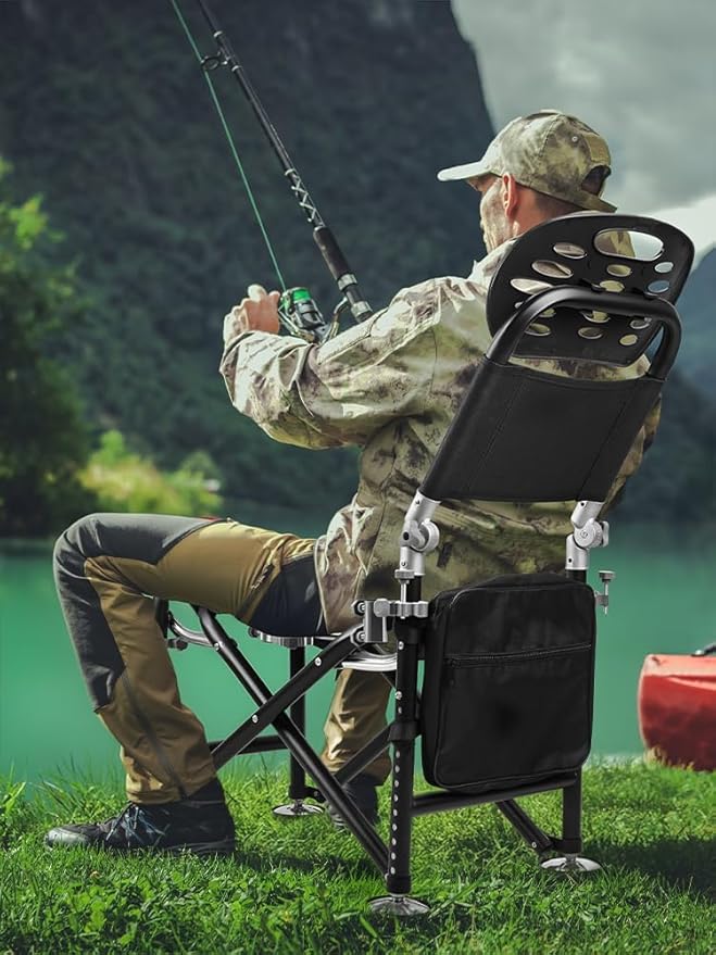 Portable Fishing Chair Camping Chairs 13 Gear Rise Fall 21cm Adjustment Fishing Chairs with Backrest Rod Holder Outdoor Folding Chair for Adults Support 300lbs Black