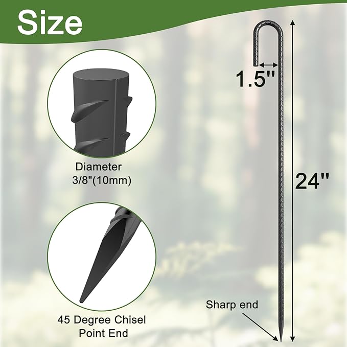 24 Inch J Hook Rebar Stakes 3/8 Thick 8 Pack Extra Heavy Duty Black E-Coated Steel Ground Anchors for Greenhouse Carport Commercial Bounce House High Wind Areas &amp Soft Soil