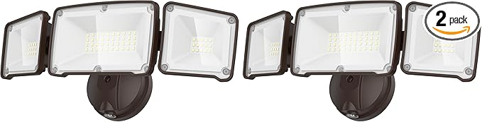 LEPOWER 3500LM Dusk to Dawn LED Security Lights Outdoor 35W Outdoor Flood Light with Photocell 5500K IP65 Waterproof 3 Head Exterior Light for Garage Patio Yard（Brown） (Pack of 2)