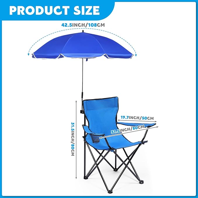 2 Pack Beach Umbrella Chair Folding Camping Beach Chair with Canopy Shade Adults Portable Chairs with Cup Holder and Carrying Bag for Camping Hiking Travel Picnic and Other Outdoor Events