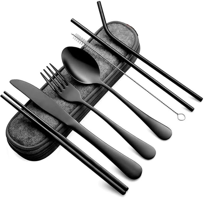 8Pcs Tableware Reusable Travel Cutlery Set Camp Utensils Set with Stainless Steel Spoon Fork Chopsticks Straw Portable Case