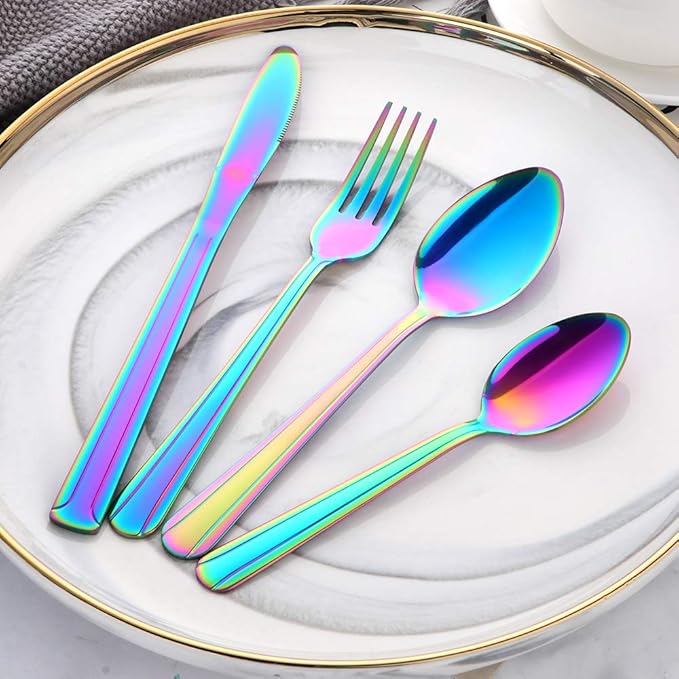 Buyer Star 20-Piece Rainbow Silverware Flatware Set Stainless Steel Travel Eating Utensil for Picnic Camping Service for 5 Dishwasher Safe