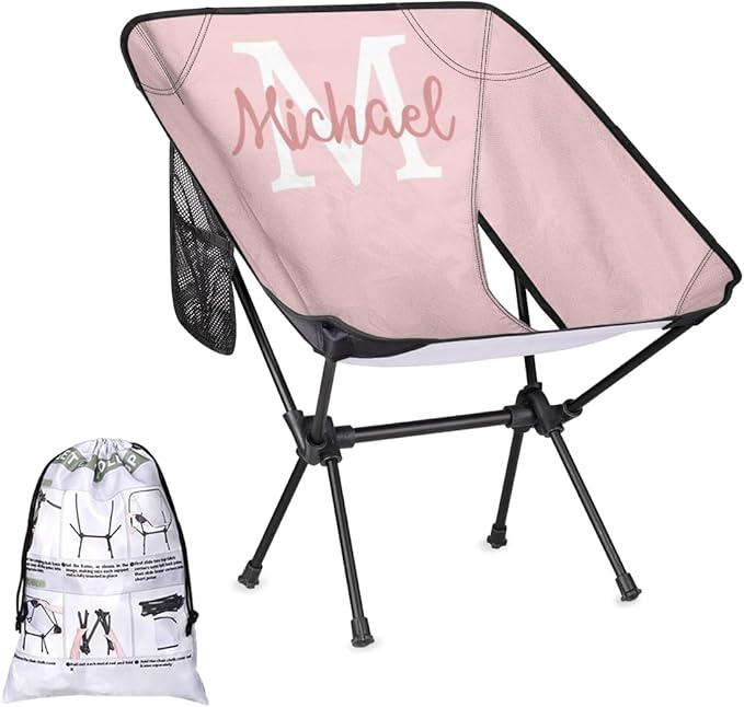 Custom Pink Portable Camping Chair Personalized Backpacking Chair with Name Lightweight Foldable Chairs for Hiking Beach