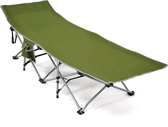 Goplus Folding Camping Cot Sleeping Cot for Adults with Carry Bag Weight Capacity Slanted Head Side Pocket Heavy Duty Portable Camping Bed for Kids Beach Office Snap (Army Green)