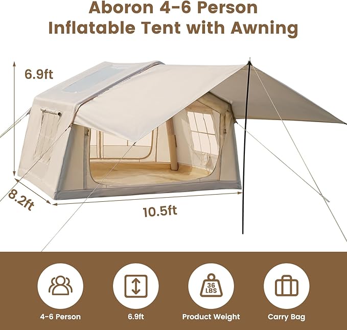 ABORON 2/6/8/10/12 Person Inflatable Camping Tent Easy Setup Blow Up Tent with Hand Pump PU3000mm Waterproof &amp Breathable 4 Season Glamping Tent for Outdoor Camping