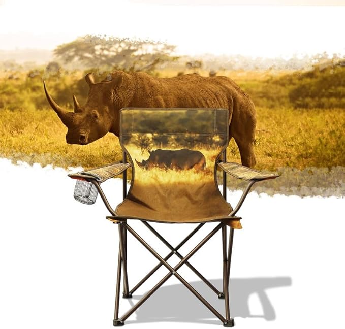 2 Pcs Animal Pattern Camping ChairFolding Backpacking Lightweight Beach Chair w/Cup HolderSide PocketCarry BagPortable Adults Lawn Chair for Family OutdoorHikingPartiesRhinoceros