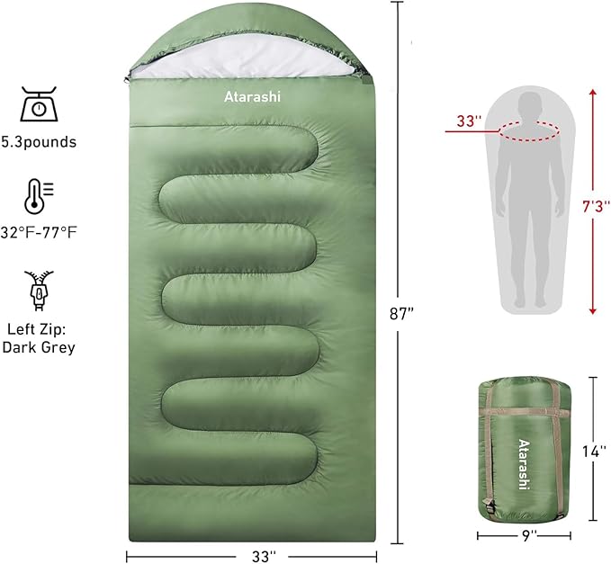 Atarashi Camping Sleeping Bag- 4 Seasons for Adults Light Warm Extra-Large with Compression Sack- Great for Hiking Backpacking &amp Outdoor Adventures