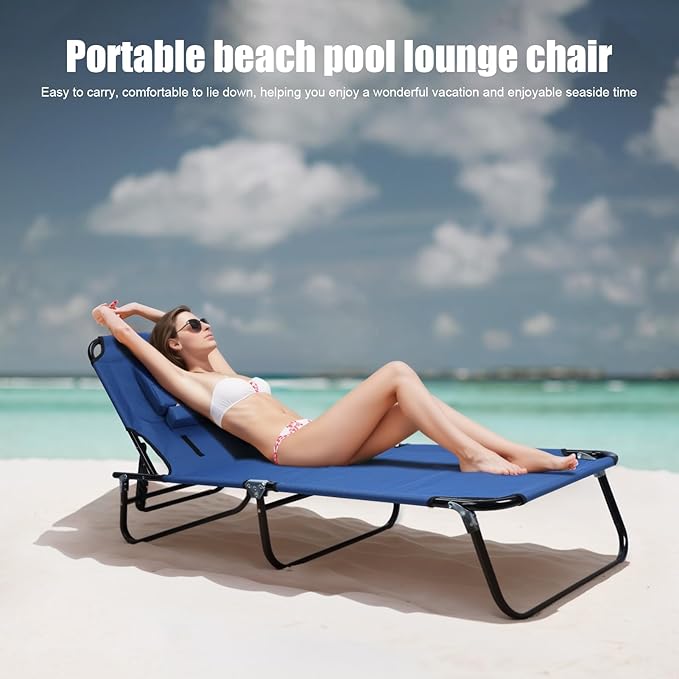 Adult Foldable Camping Cot with Reclining Folding Chaise Design Heavy Duty Lounger Chair for Indoor Outdoor Use Adjustable Height Bed with Face Hole &amp Detachable Pillow Blue