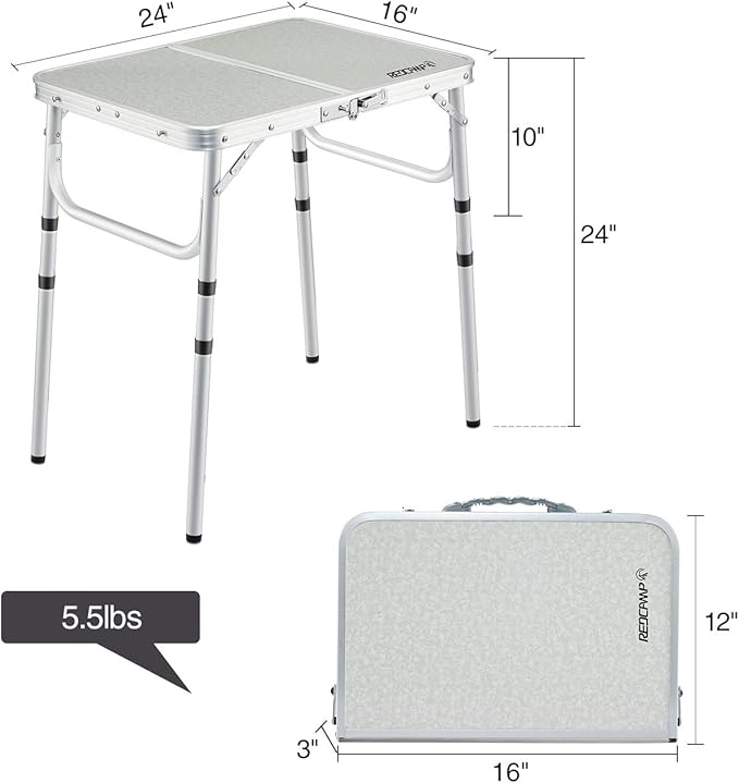 REDCAMP Small Folding Camping Table 2ft 3 Heights Portable Outdoor Folding Table Aluminum Camp Table Adjustable Height Lightweight for Picnic Cooking Beach